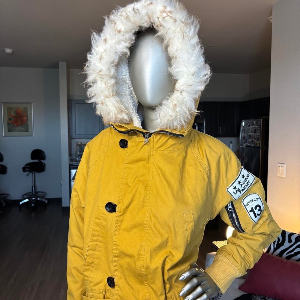 Y2K Mustard Yellow Faux Fur Hood Racing Parka Jacket 🔥